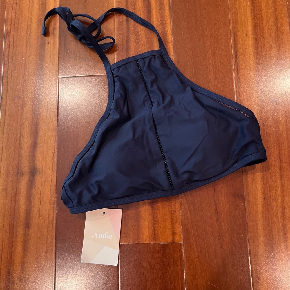 Andie Blue Bikini Top Navy High Neck Halter Swim Ladder Stitch AT121 New NWT XS